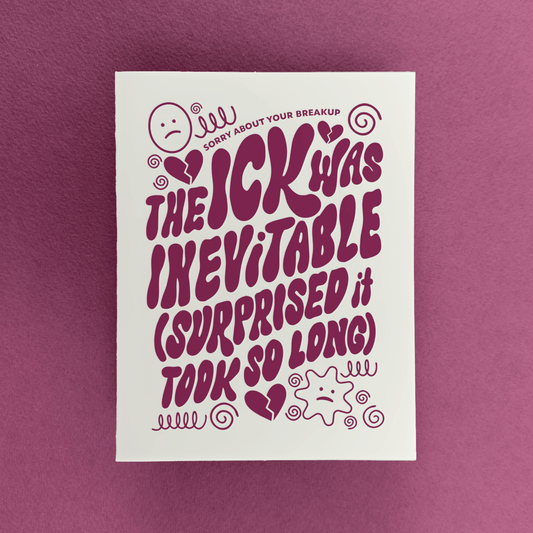 Card with humorous breakup message on a purple background