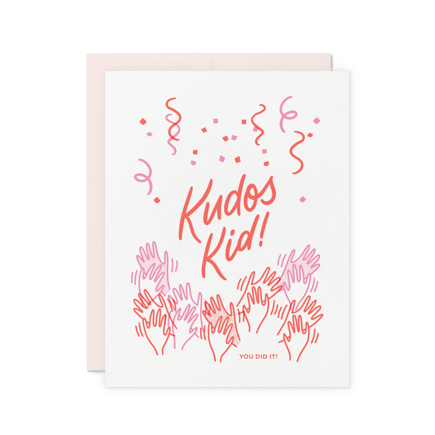 Encouragement card featuring a hand-drawn illustration of cheering hands, confetti, and celebratory hand-lettering, letterpress printed on luxe cotton paper.