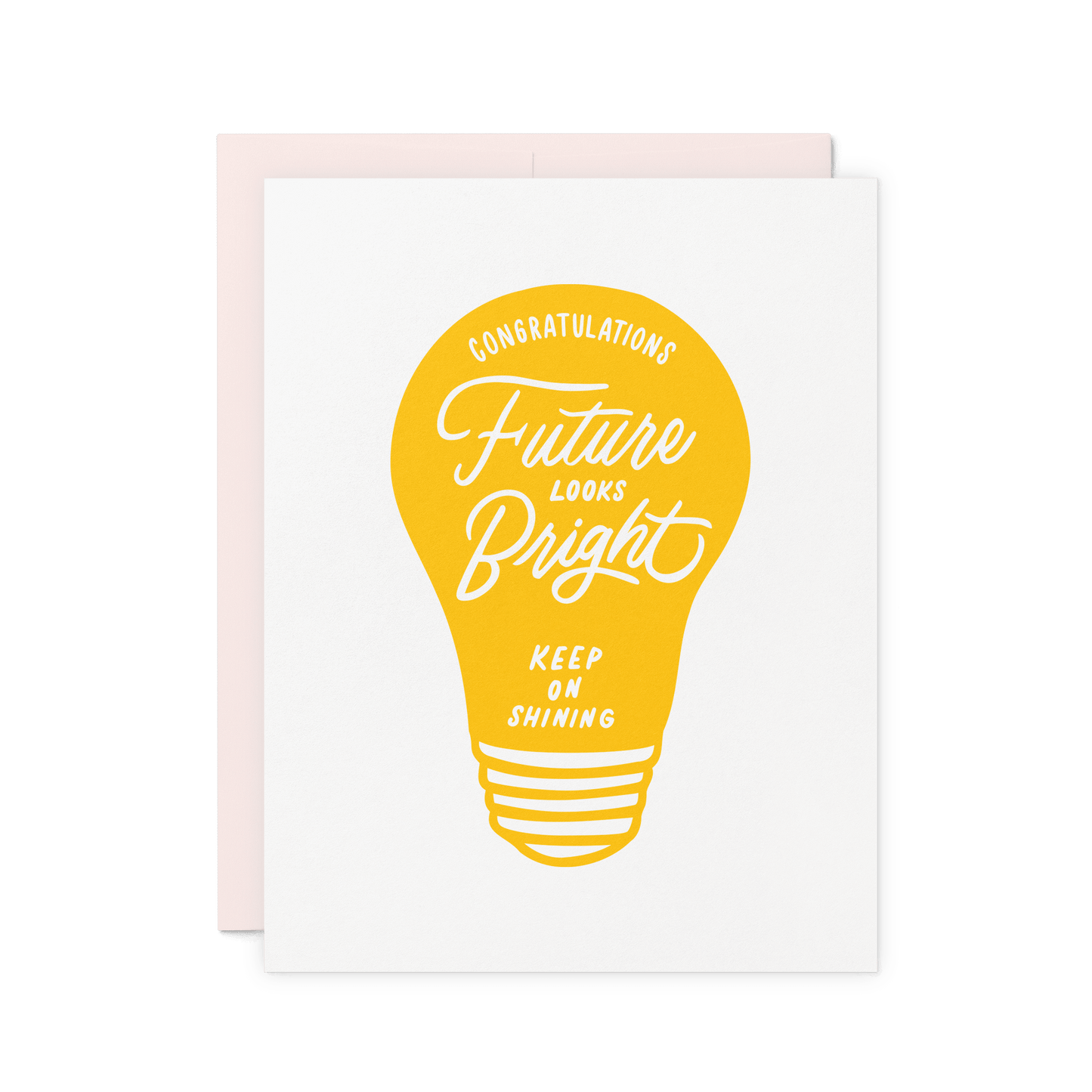 Congratulations card with a bold yellow lightbulb illustration and hand-lettered typography, letterpress printed on cotton paper.