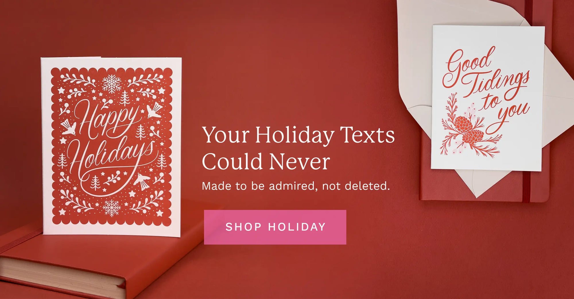 Holiday greeting cards with decorative text on a red background