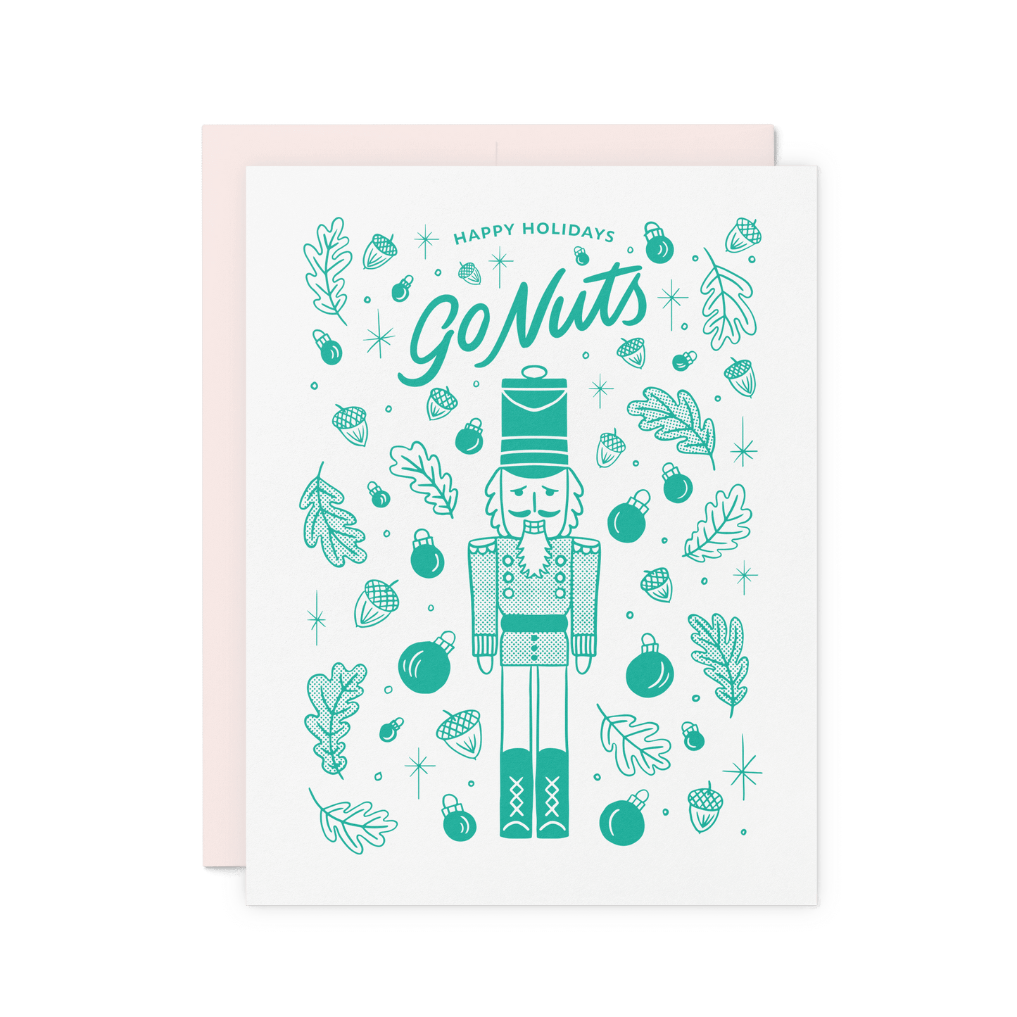 A Christmas card with a festive design featuring a nutcracker and holiday motifs, such as pine cones and chestnuts, in green and white colors. The inside of the card is blank.