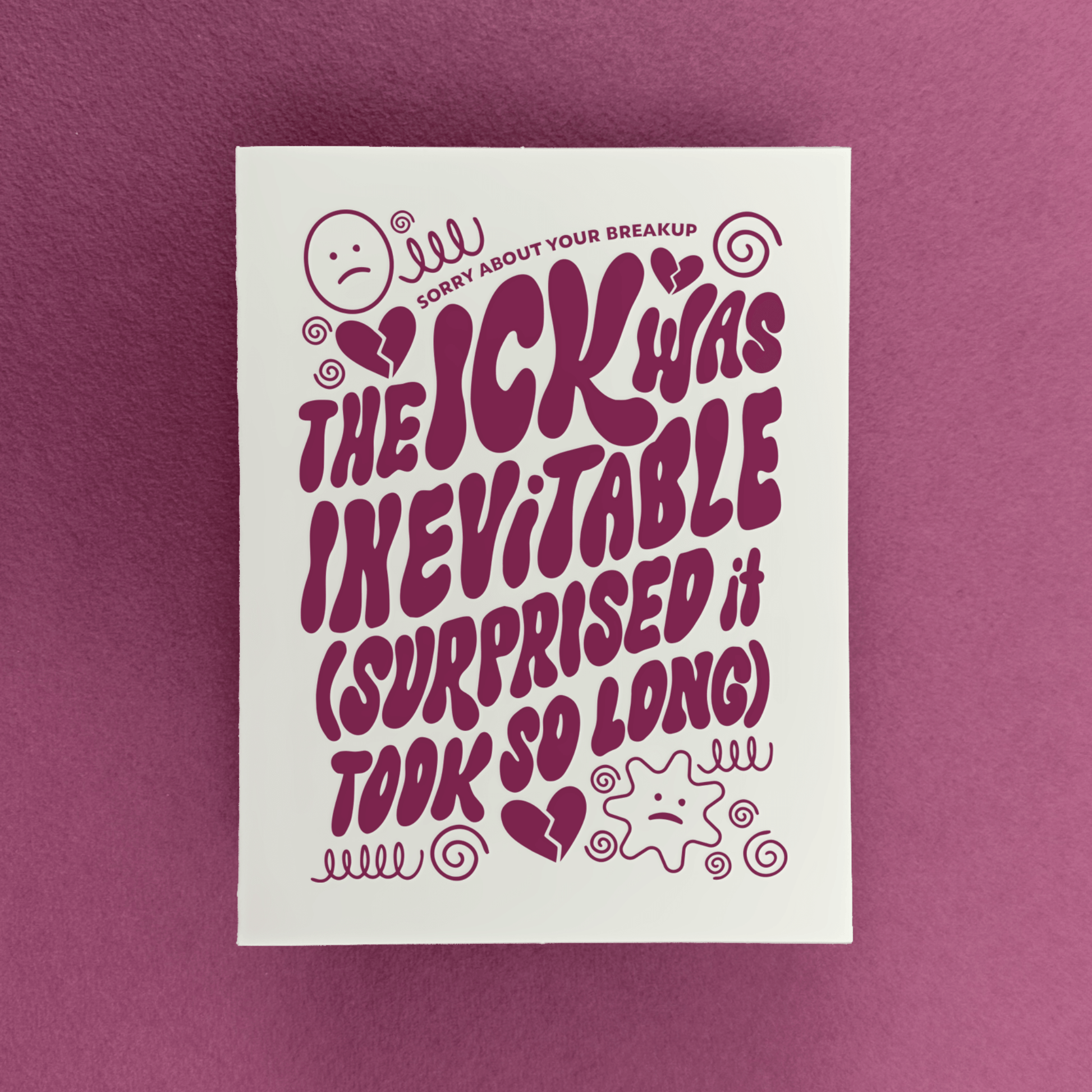 Card with humorous breakup message on a purple background