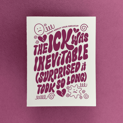 Card with humorous breakup message on a purple background