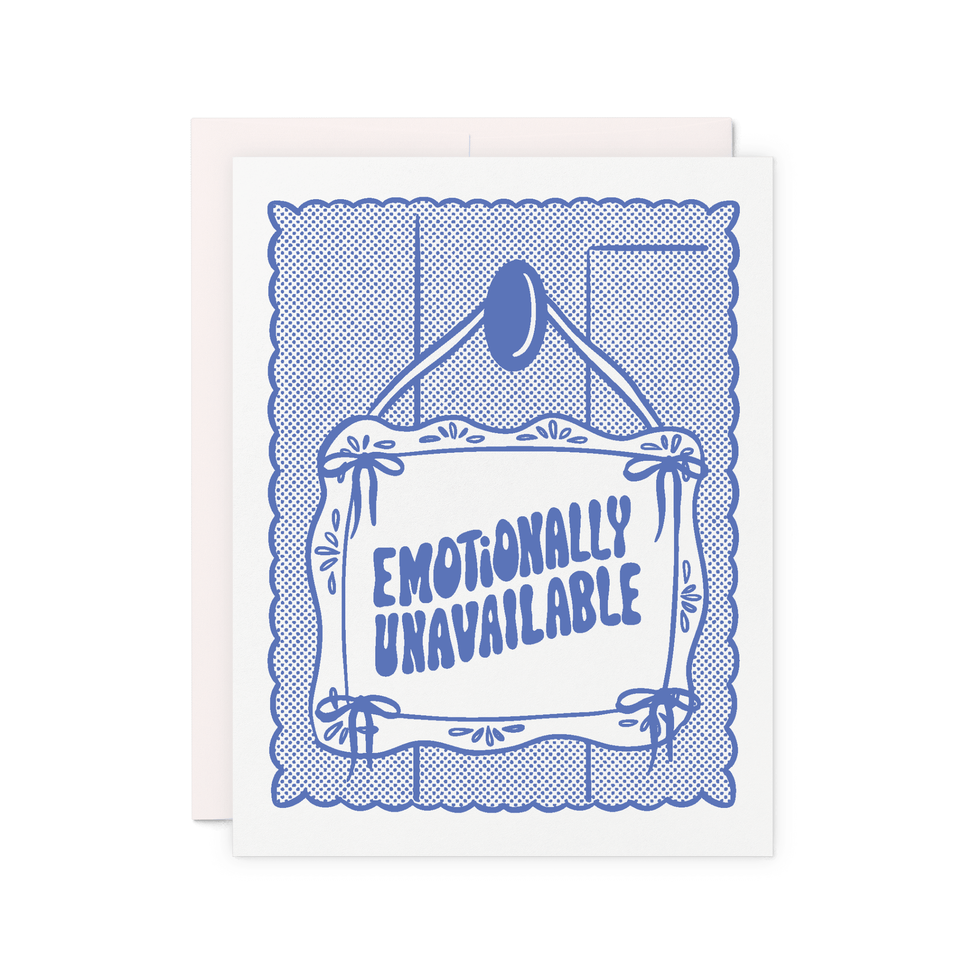 Card that reads 'Emotionally unavailable' in blue lettering on an illustrated hanging sign with lace border.