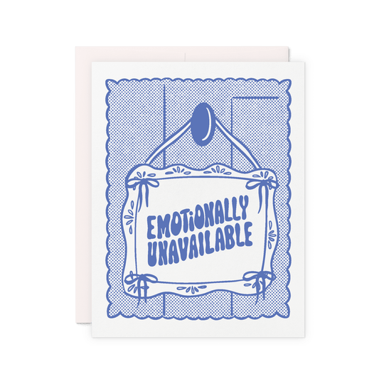 Card that reads 'Emotionally unavailable' in blue lettering on an illustrated hanging sign with lace border.