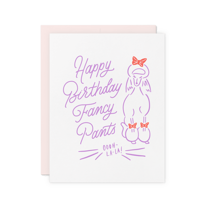 Funny birthday card with 'Happy Birthday Fancy Pants' in purple hand lettering, featuring a stylish poodle illustration, letterpress printed on thick cotton paper.