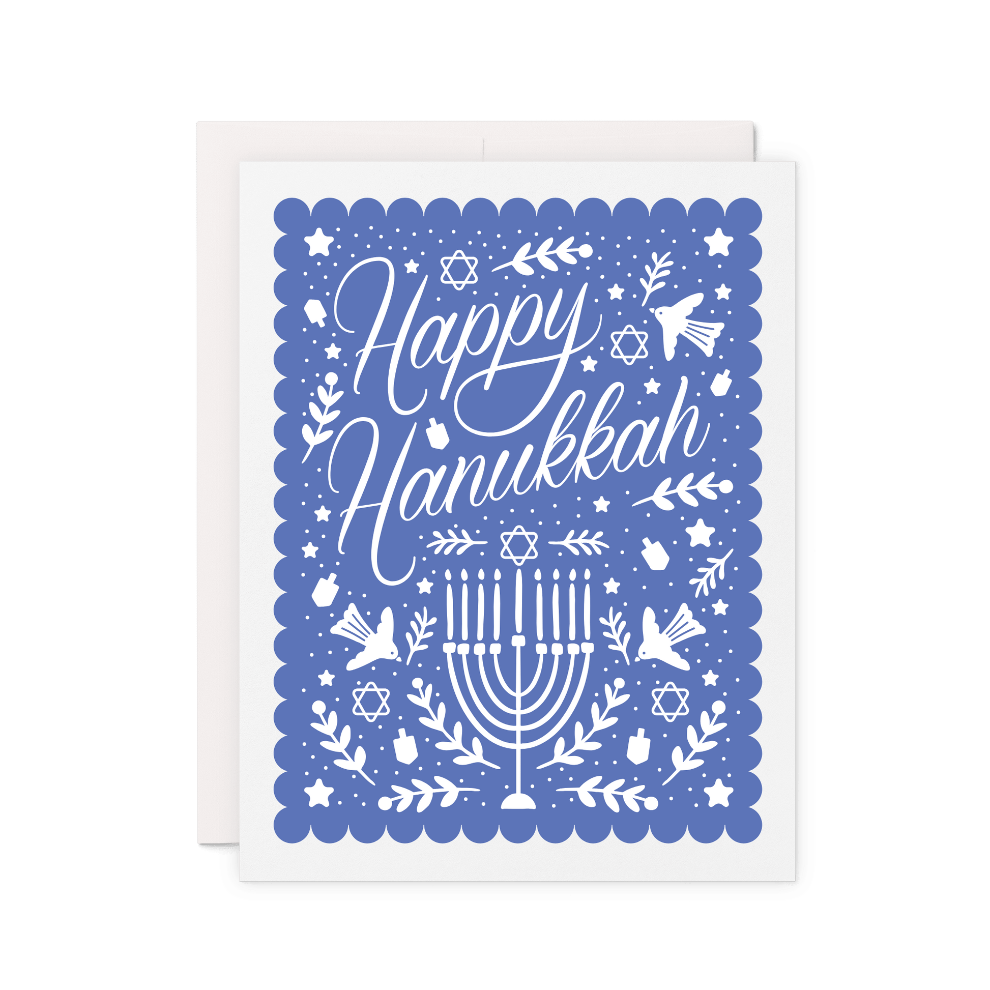 Greeting card with 'Happy Hanukkah' in white elegant script and menorah design surrounded by stars, dreidels, olive branches, and birds on a blue scallop border background.