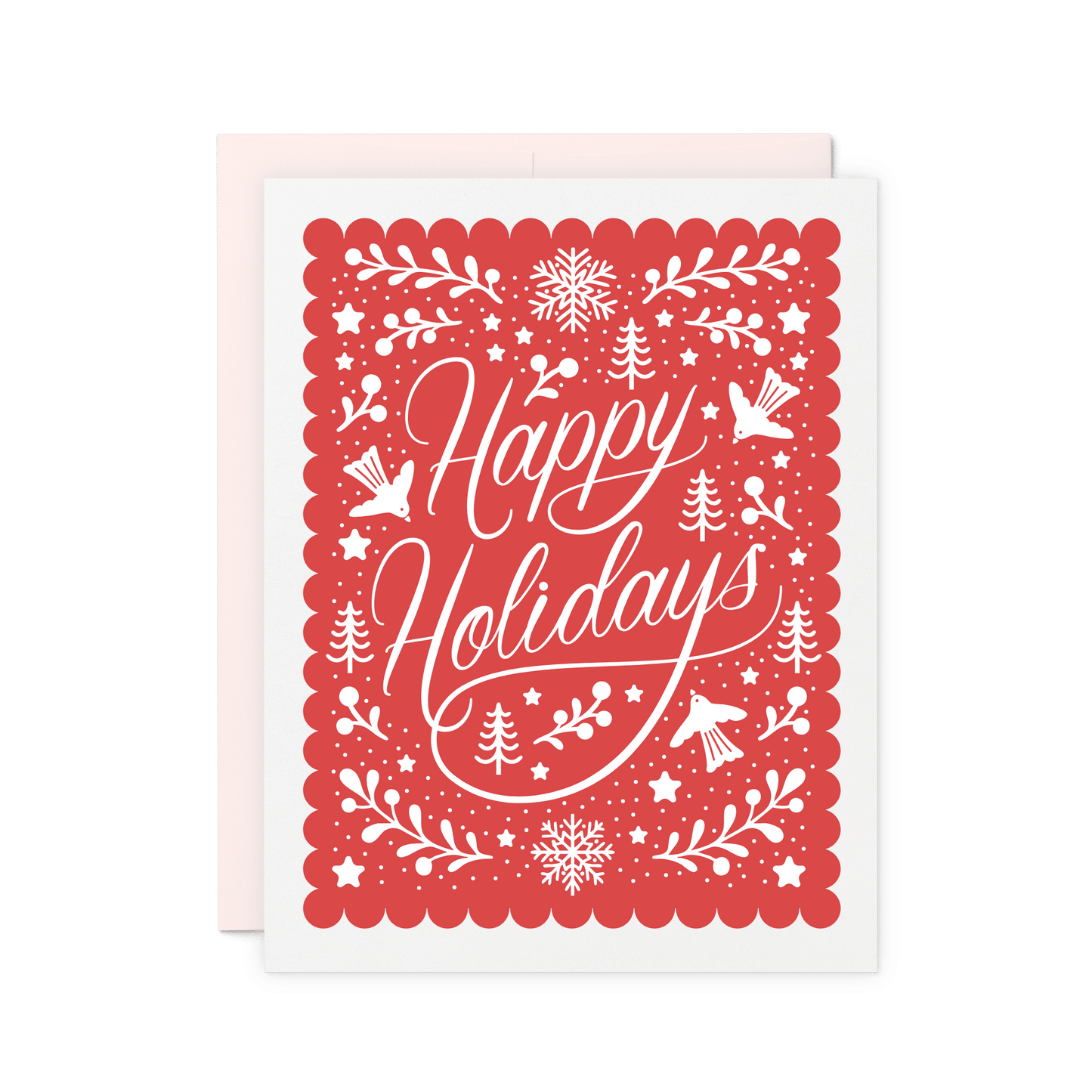 Red holiday card with 'Happy Holidays' text and white decorative elements on a white background