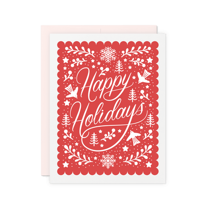 Red holiday card with 'Happy Holidays' text and white decorative elements on a white background