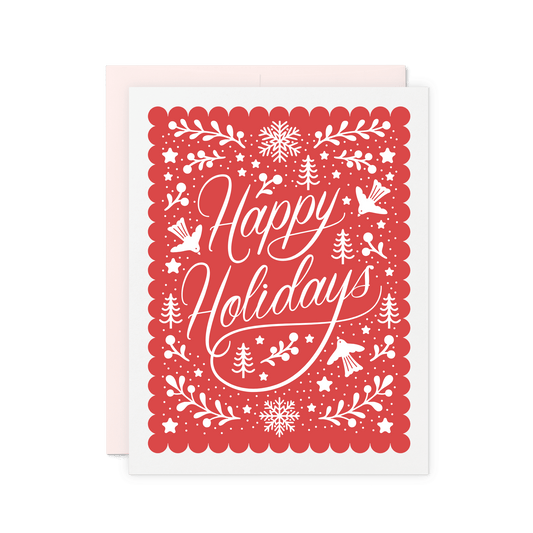 Red holiday card with 'Happy Holidays' text and white decorative elements on a white background