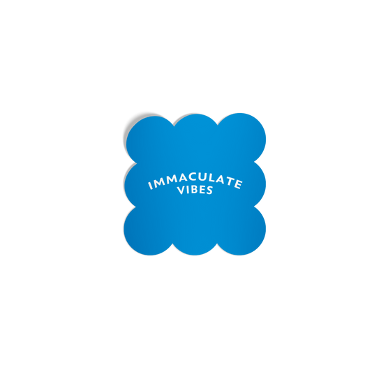 Bold blue cloud-shaped sticker with ‘Immaculate Vibes’ in white lettering, featuring a silky matte mirror finish.