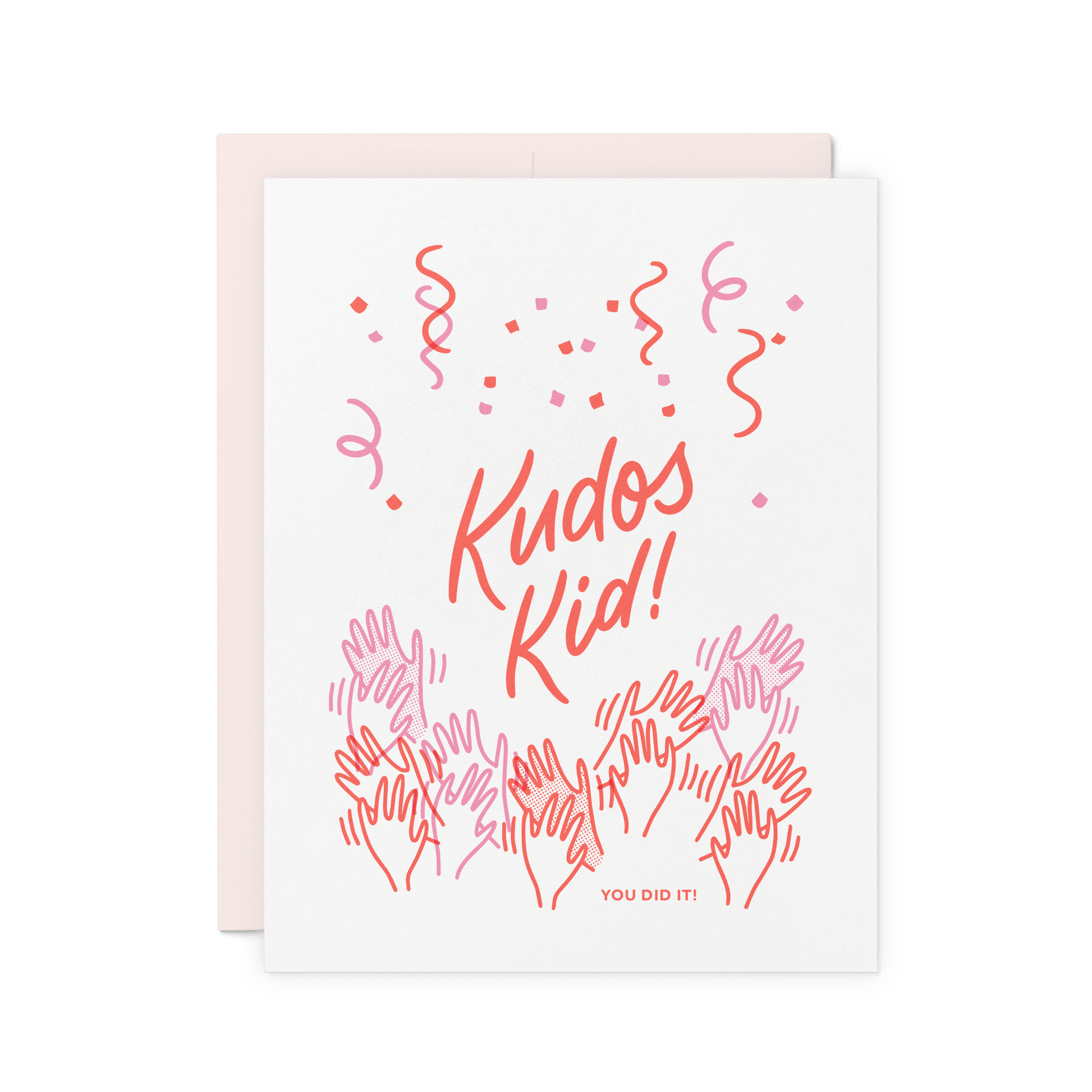Encouragement card featuring a hand-drawn illustration of cheering hands, confetti, and celebratory hand-lettering, letterpress printed on luxe cotton paper.