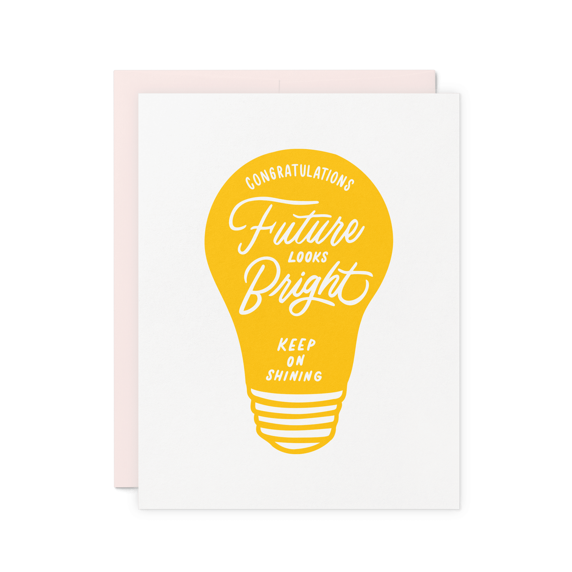 Congratulations card with a bold yellow lightbulb illustration and hand-lettered typography, letterpress printed on cotton paper.