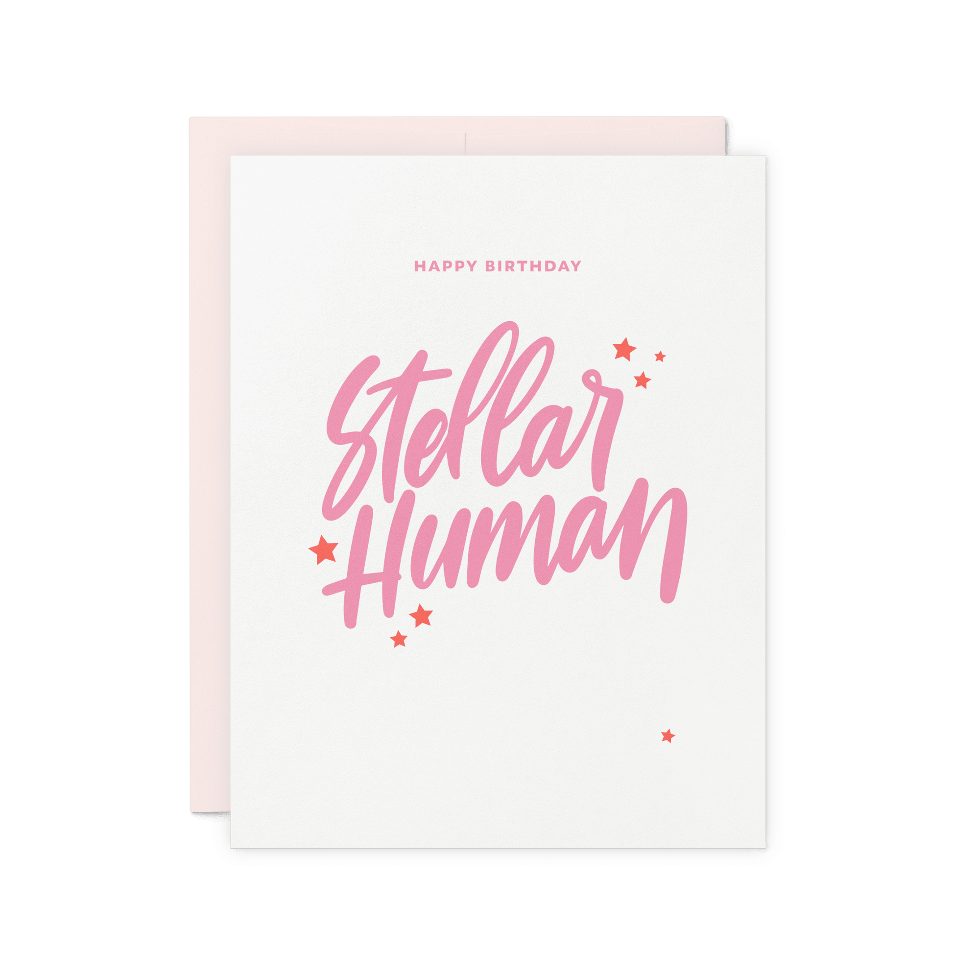 Celestial birthday card with 'Stellar Human' in pink hand lettering and star details, letterpress printed on thick cotton paper.